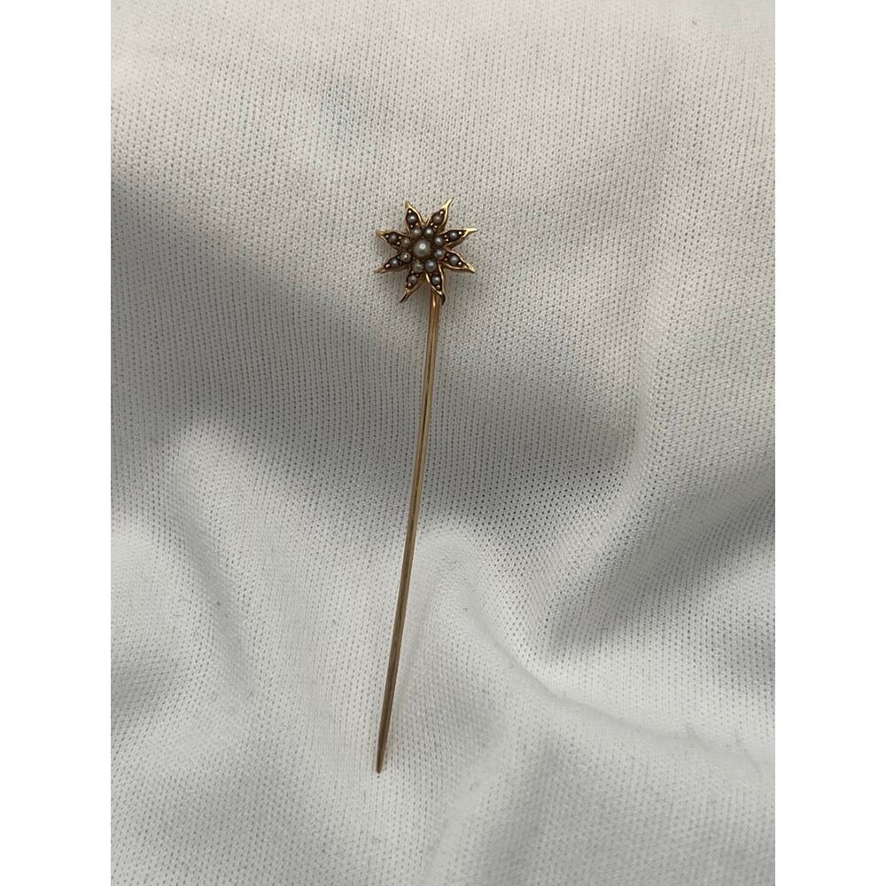 Antique Victorian 14K Gold Seed Pearl Starburst Stick Pin 1.0g